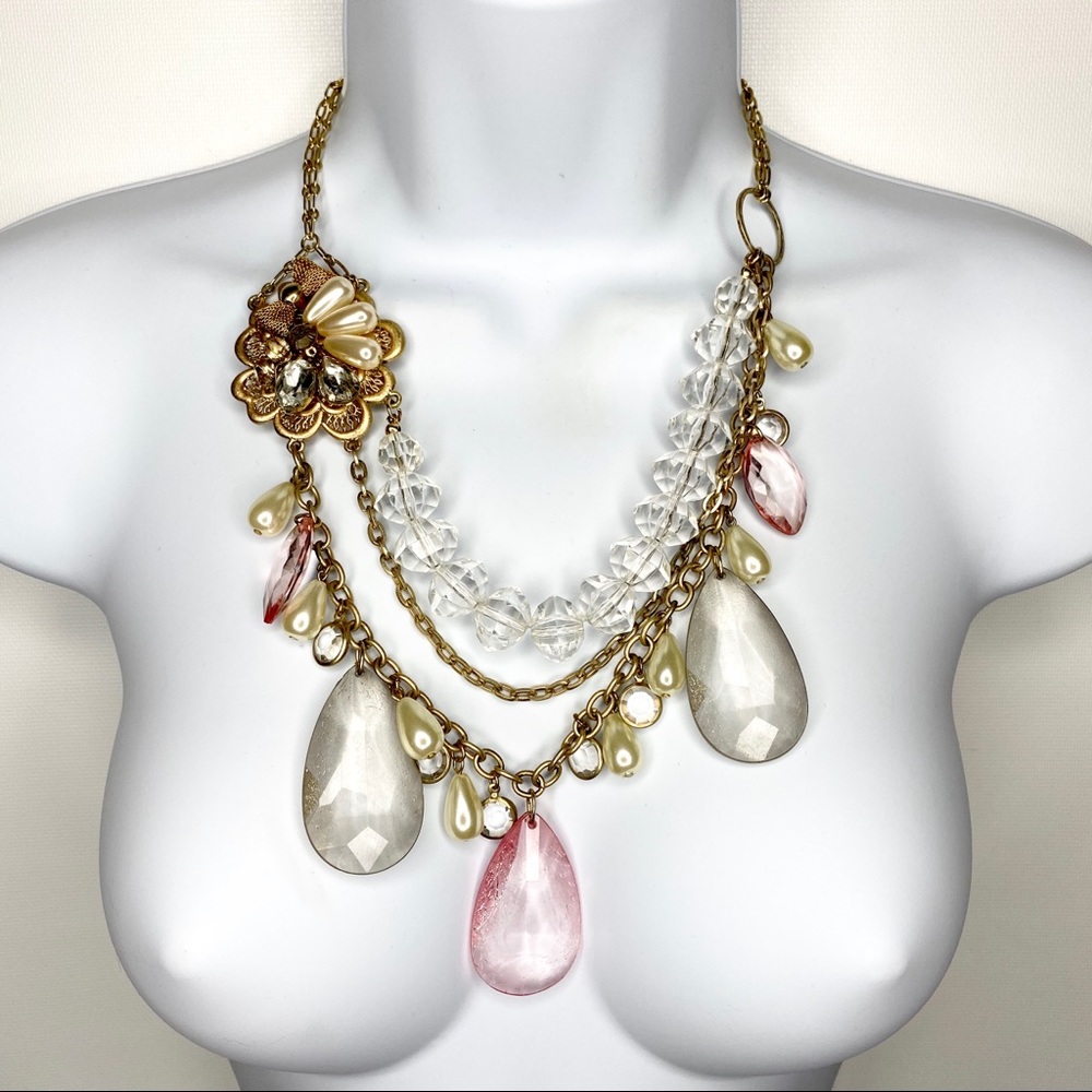 Faceted Clear Pink Gold Bow Statement Necklace
